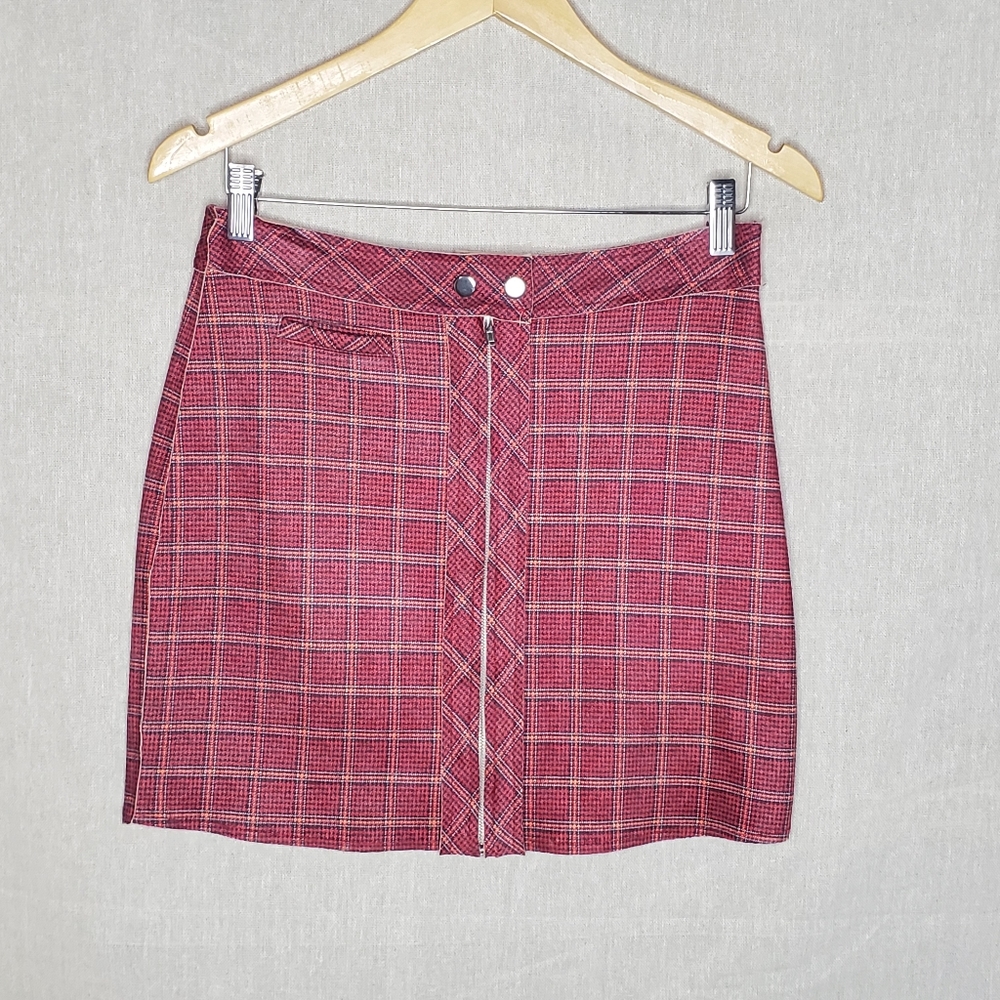 ♡ Blue Blush Red Plaid Zip Front Mini Skirt Size Medium